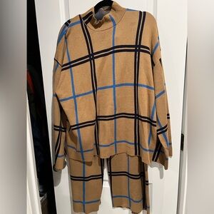 Eloquii- 2-piece knot set -Chic Tan and Blue Plaid Knit Ensemble